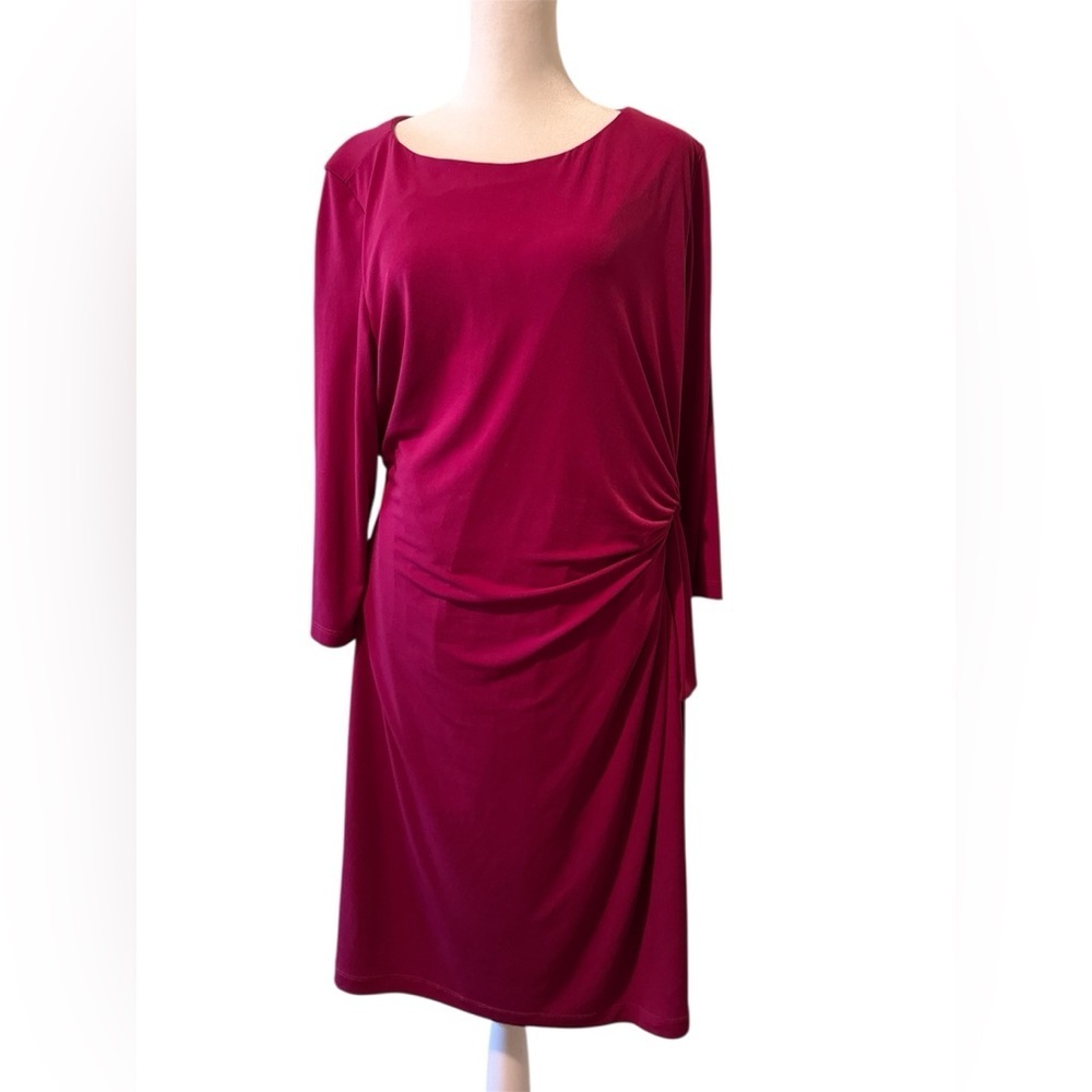 Chico’s Size 3 (XL) Fuchsia Pink Draped Ruched 3/4 Sleeve Dress Elegant Stretch
